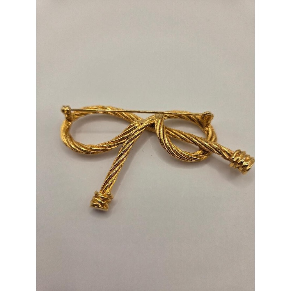 Vintage Large Ridged Goldtone Rope Bow Pin Brooch